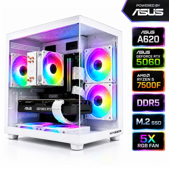 Xaser Apex x50 Ryzen 5 7500F-ASUS A620M-K/ASUS  RTX 5060 DUAL  /1TB M.2/16GB DDR5 Beyaz-Gaming Oem Oyuncu Paket ürün görseli 1