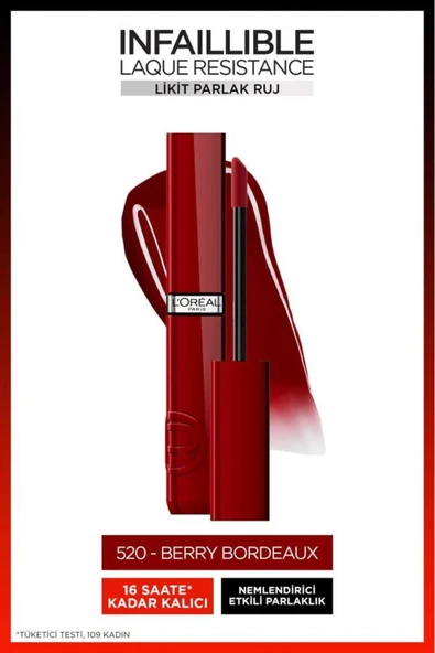 L'OREAL PARİS Infaillible Laque Resistance Likit Parlak Ruj - 520 Berry Bordeaux ürün görseli 1