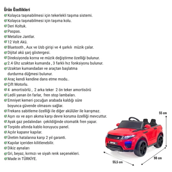 Raptor GT 12 Volt Uzaktan Kumandalı MP3 Bluetooth Destekli Otomatik Fren Sistemli Çocuk Akülü Araba - Resim 4