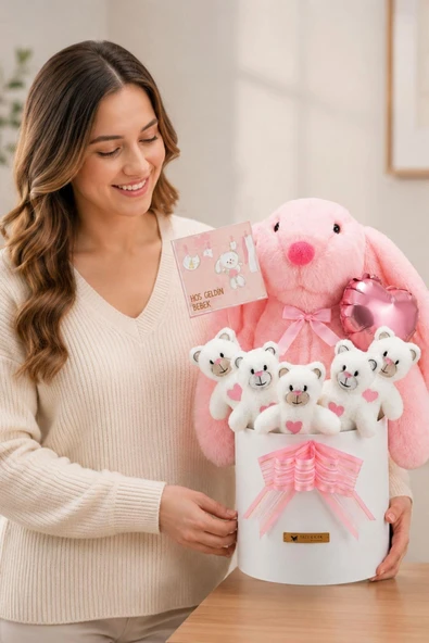Yenidoğan Kız Bebek Hediyesi – Baby Shower Tavşan Uyku Arkadaşı ve Pembe Peluş Ayıcık Buketi ürün görseli 1