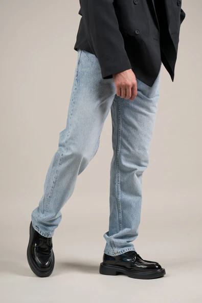 Pamuklu Taş Yıkama Yarım Baggy (Geniş Paça) Buz Mavisi Jean Pantolon ürün görseli 1
