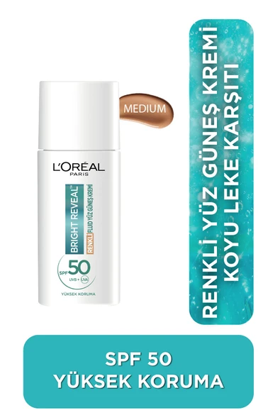 L'OREAL PARİS Bright Reveal Spf 50+ Koyu Leke Karşıtı Renkli Fluid Günlük Yüz Güneş Kremi 50ml - Medium ürün görseli 1