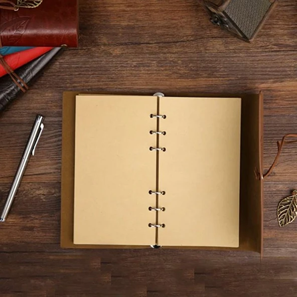Lacivert Yaprak Desenli Deri Defter - Resim 3