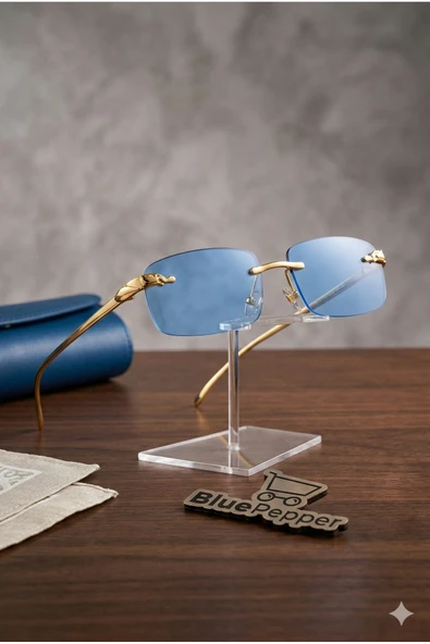 BluePepper CARTEL DİKDÖRTGEN MAVİ CAMLI GOLD SAPLI MODERN TASARIMLI UNISEX GÜNEŞ GÖZLÜĞÜ ürün görseli 1