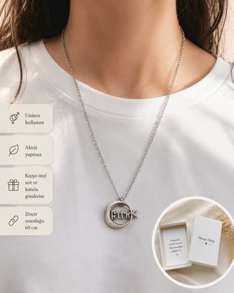 Göktürk Yazı Esintili Ay Yıldız Detaylı Metal Kolye Unisex Zincir Kolye ürün görseli 1