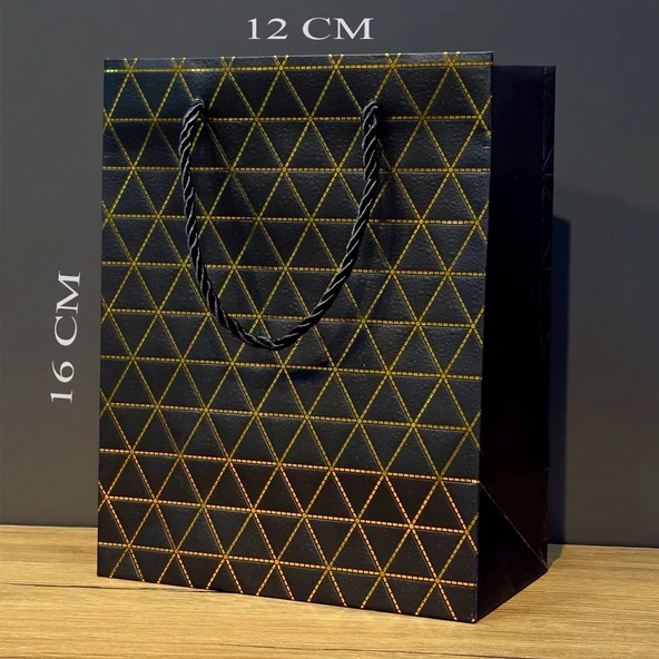 Siyah Geometrik Desenli Mini Boy Karton Hediye Çantası ürün görseli 1