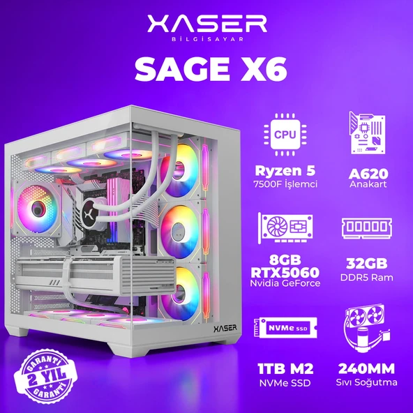 Xaser Sage X6 Ryzen 5 7500F 32GB DDR5 Ram 1TB M.2 NVMe SSD 8GB RTX5060 Sıvı Soğutmalı Oyuncu Bilgisayarı ürün görseli 1