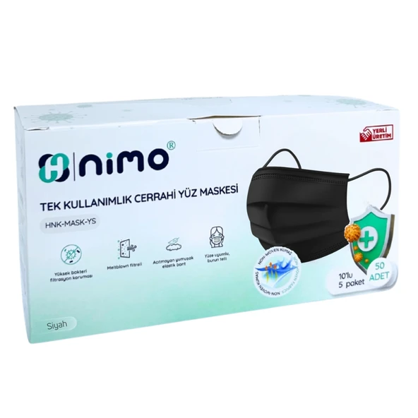 Nimo Tek Kullanımlık Cerrahi Yüz Maskesi Siyah 10lu 5 paket 50 Adet ürün görseli 1