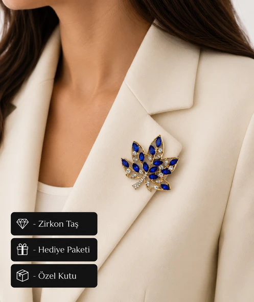 Hediye Saks Mavisi Taşlı Yaprak Kadın Broş Altın Renk Premium Tasarım Rozet ürün görseli 1