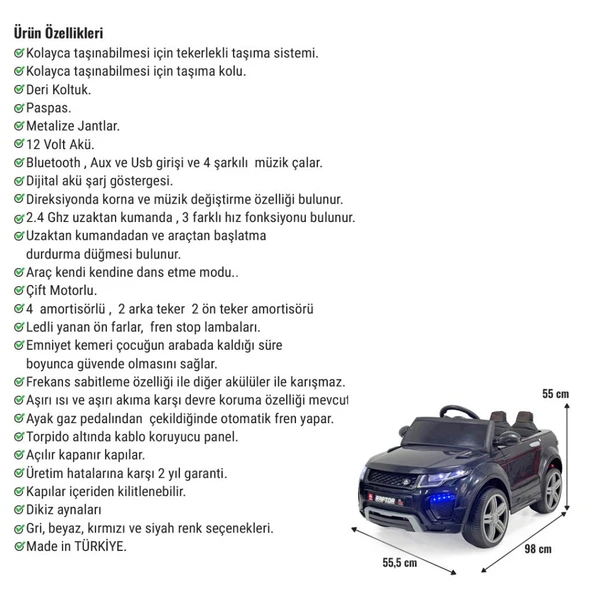 Raptor GT 12 Volt Uzaktan Kumandalı MP3 Bluetooth Destekli Otomatik Fren Sistemli Çocuk Akülü Araba - Resim 3
