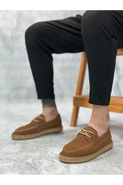 ABA0358 Doğal Deri Tozu Bağcıklı Kauçuk El Yapımı Espadril Taban Taba Renk Erkek Ayakkabı ürün görseli 1