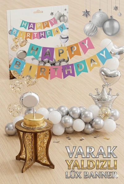 Gümüş Varak Yaldızlı Lüks Happy Birthday Banner - Renkli ürün görseli 1