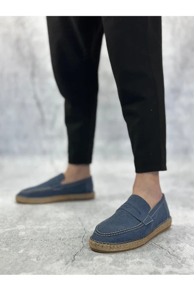 ABA0359 Doğal Deri Tozu Bağcıksız Kauçuk El Yapımı Espadril Taban Mavi Renk Erkek Ayakkabı ürün görseli 1