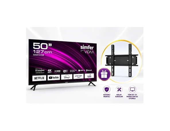 Simfer 50SFSV6B 4K Ultra Hd 50" 127 Ekran Uydu Alıcılı Vıdaa Smart LED Tv+ Dreamstar Tv Duvar Askı Aparatı ürün görseli 1