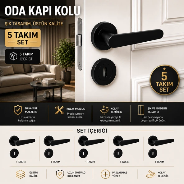 (5 TAKIM SET) Kayı Mat Siyah Rozetli Oda Kapı Kolu Sağa Sola Uyumlu Modern Kapı Takımı Kolları ürün görseli 1