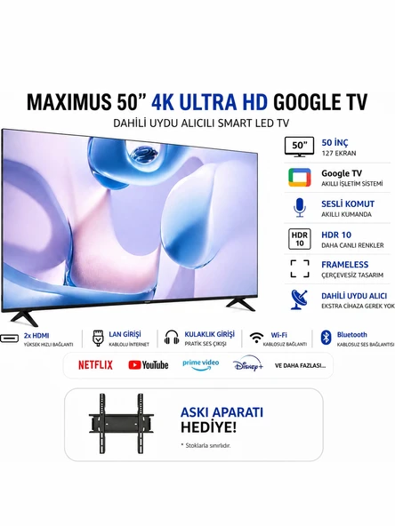 Maxımus 50'' 127 Ekran Uha 50 M9P Uydu Alıcılı Google Tv + Duvar Askı Aparatı ürün görseli 1
