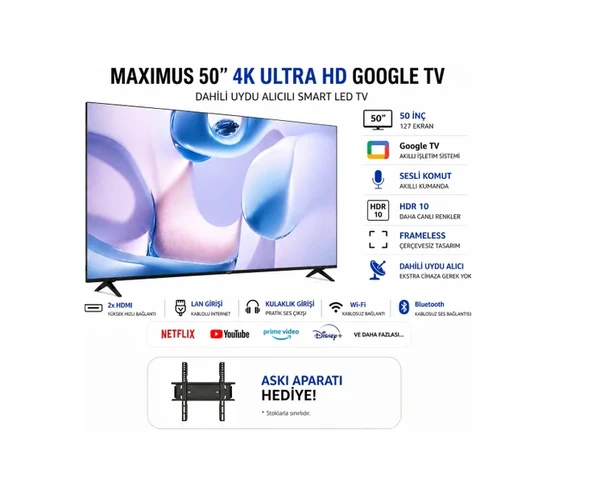 Maximus Maxımus 50'' 127 Ekran Uha 50 M9P Uydu Alıcılı Google Tv ++ Dreamstar Tv Duvar Askı Aparatı ürün görseli 1