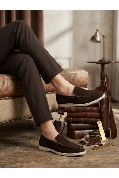 ABA0252 %100 İçi Dışı Hakiki Deri Erkek Kahverengi Süet Casual Loafer Termo Taban Ayakkabı ürün görseli 1