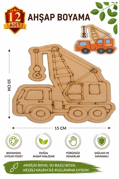 Ahşap Boyama Vinç 12 Adet 10x15cm Araba Boyama Figürü Etkinlik Çoçuk Gelişim Motor Beceri Kreş Anasınıfı ürün görseli 1