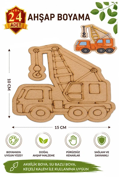 Ahşap Boyama Vinç 24 Adet 10x15cm Araba Boyama Figürü Etkinlik Çoçuk Gelişim Motor Beceri Kreş Anasınıfı ürün görseli 1