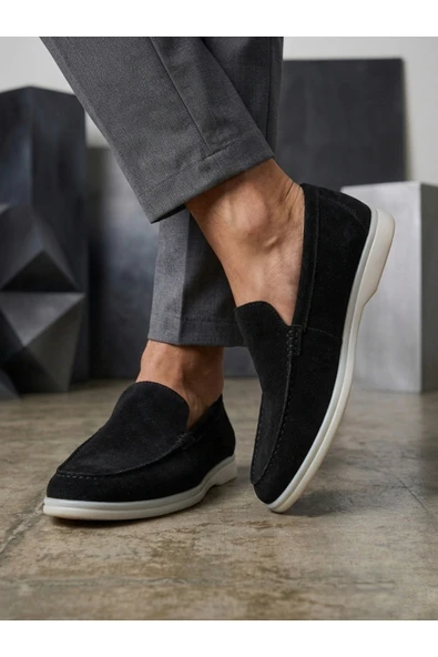 ABA0252 %100 İçi Dışı Hakiki Deri Erkek Siyah Süet Casual Loafer Termo Taban Ayakkabı ürün görseli 1
