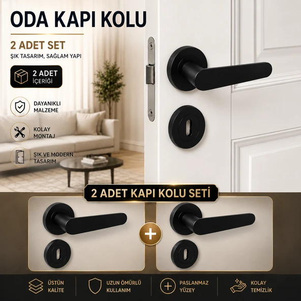 (2 TAKIM SET) Kayı Mat Siyah Rozetli Oda Kapı Kolu Sağa Sola Uyumlu Modern Kapı Takımı Kolları ürün görseli 1