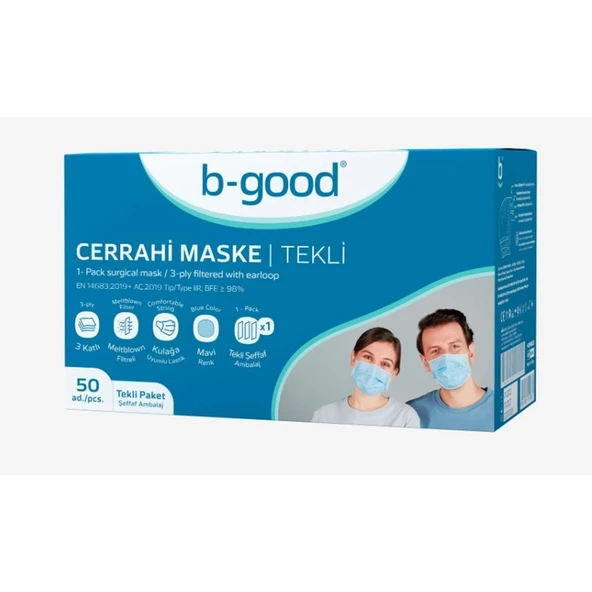 B-Good 3 Katlı Tekli Paketlenmiş Cerrahi Maske Telli 50'li ürün görseli 1