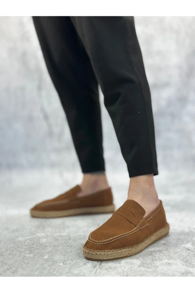 ABA0359 Doğal Deri Tozu Bağcıksız Kauçuk El Yapımı Espadril Taban Taba Renk Erkek Ayakkabı ürün görseli 1