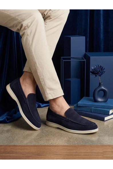 ABA0252 %100 İçi Dışı Hakiki Deri Erkek Lacivert Süet Casual Loafer Termo Taban Ayakkabı ürün görseli 1