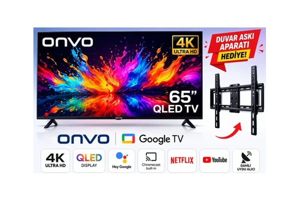 Onvo 65’’ QLED Google Tv 4K Ultra Hd Smart Tv Dahili Uydu Alıcılı Netflix Youtube Wi-Fi + Duvar Askı Aparatı ürün görseli 1