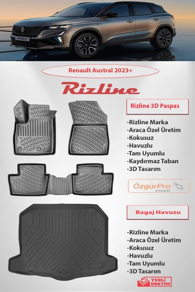 Rizline Renault Austral Hybrid 2023 ve Sonrası 3D Havuzlu Paspas ve ALT  Bagaj Havuzu Set ürün görseli 1