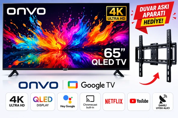 Onvo 65’’ QLED Google Tv 4K Ultra Hd Smart Tv Dahili Uydu Alıcılı Netflix Youtube Wi-Fi + Duvar Askı Aparatı ürün görseli 1