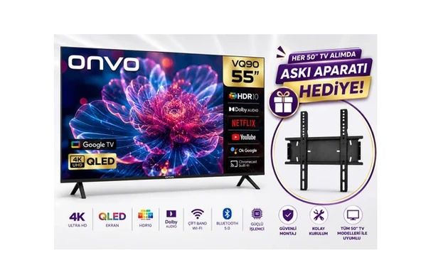Onvo 55VQ90F3UA 55'' 140 Ekran Uydu Alıcılı 4K Ultra Hd Google Smart QLED Tv+Dreamstar Tv Duvar Askı Aparatı ürün görseli 1