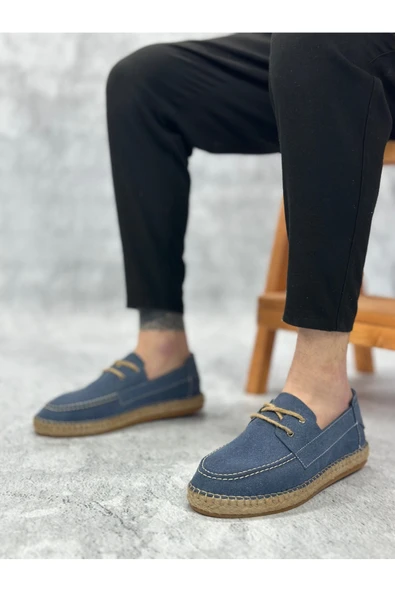 ABA0358 Doğal Deri Tozu Bağcıklı Kauçuk El Yapımı Espadril Taban Mavi Renk Erkek Ayakkabı ürün görseli 1