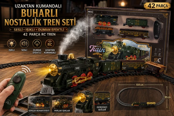 Uzaktan Kumandalı Buharlı Nostaljik Tren Seti Sesli Işıklı ve Duman Efektli 42 Parça RC Tren ürün görseli 1