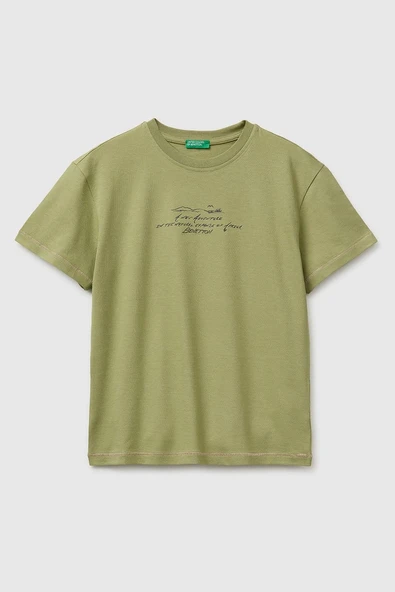 United Colors of Benetton Erkek Çocuk Önü Baskılı Arkası İşlemeli Bisiklet Yaka T-Shirt Haki 6-13 Yaş ürün görseli 1