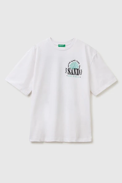 United Colors of Benetton Erkek Çocuk Ön ve Arka Fotoğraf Baskı Detaylı Bisiklet Yaka T-Shirt Beyaz-Pembe 6-13 Yaş ürün görseli 1