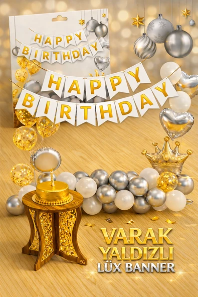 Altın Varak Yaldızlı Lüks Happy Birthday Banner - Beyaz ürün görseli 1