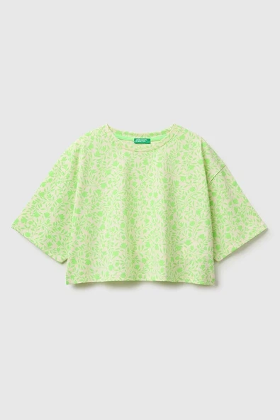 United Colors of Benetton Kız Çocuk Tamamı Baskı Detaylı Oversize Crop T-Shirt Sarı 6-12 Yaş ürün görseli 1