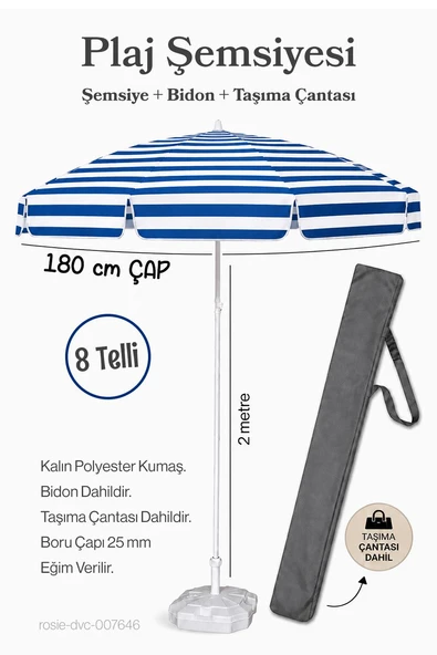 Plaj Şemsiyesi Mavi Beyaz 180 Çap / 8 Telli + Bidon + Taşıma Çantası Dahil ürün görseli 1