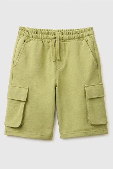 United Colors of Benetton Erkek Çocuk Beli İp Detaylı Ön Cepli Bermuda Şort Haki 6-14 Yaş ürün görseli 1