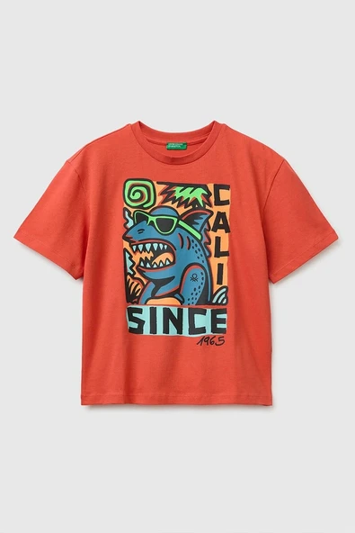 United Colors of Benetton Erkek Çocuk Ön Baskı Detaylı Bisiklet Yaka T-Shirt Kırmızı Ekru 6-13 Yaş ürün görseli 1