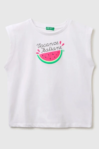 United Colors of Benetton Kız Çocuk Kabarık Baskı Detaylı T-Shirt Beyaz 6-14 Yaş ürün görseli 1