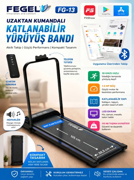 FG-13 Koşu Bandı Bluetooth Uygulama Hoparlör Adımsayar Program Uzaktan Kumanda 10km Hız Katlanabilir ürün görseli 1