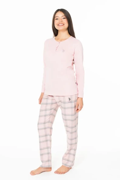 Kadın Uzun Kollu Altı Kareli Pijama Takımı S26169 Bisiklet yaka düğmeli ürün görseli 1