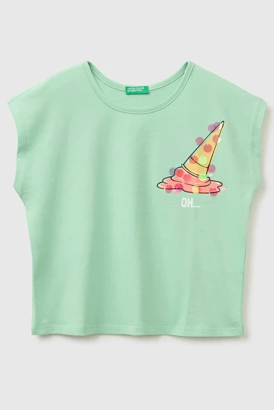 United Colors of Benetton Kız Çocuk Pul Baskı Detaylı Bisiklet Yaka T-Shirt Yeşil 6-14 Yaş ürün görseli 1