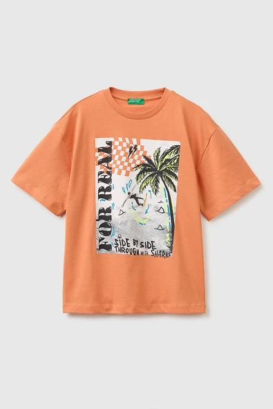 United Colors of Benetton Erkek Çocuk Ön ve Arka Fotoğraf Baskı Detaylı Bisiklet Yaka T-Shirt Turuncu 6-13 Yaş ürün görseli 1