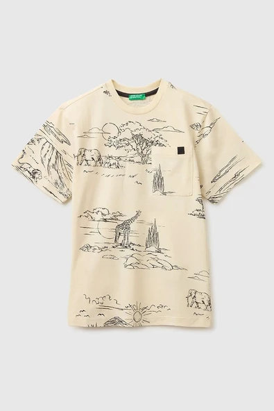 United Colors of Benetton Erkek Çocuk Logo Etiket Detaylı Tamamı Baskılı T-Shirt Bej 6-14 Yaş ürün görseli 1