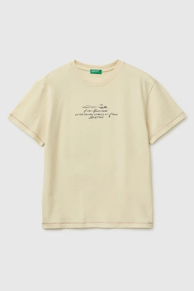 United Colors of Benetton Erkek Çocuk Önü Baskılı Arkası İşlemeli Bisiklet Yaka T-Shirt Ekru 6-13 Yaş ürün görseli 1