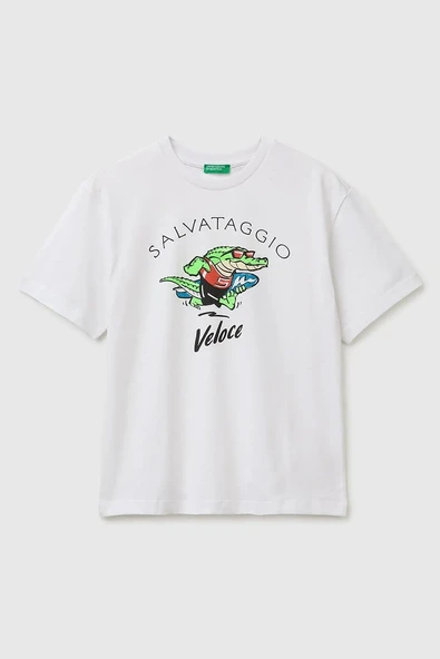 United Colors of Benetton Erkek Çocuk Ön Baskı Detaylı Bisiklet Yaka T-Shirt Beyaz Ekru 6-13 Yaş ürün görseli 1